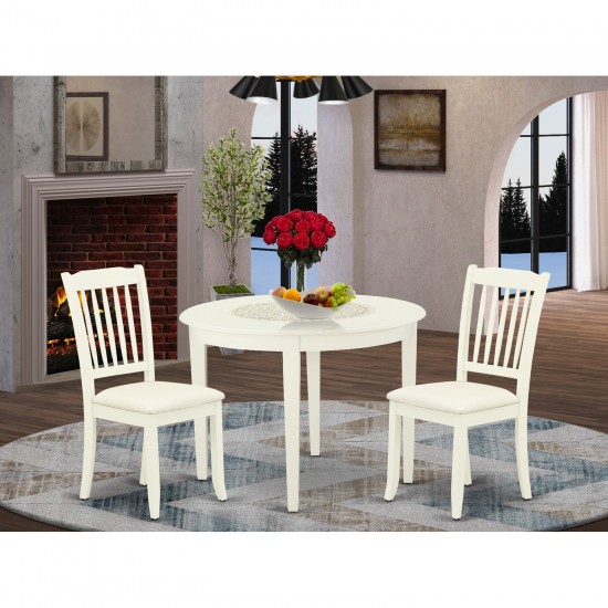 3Pc Dinette Set, Rounded Kitchen Table, Two Vertical Slatted Linen Seat Dining Chairs, White Finish