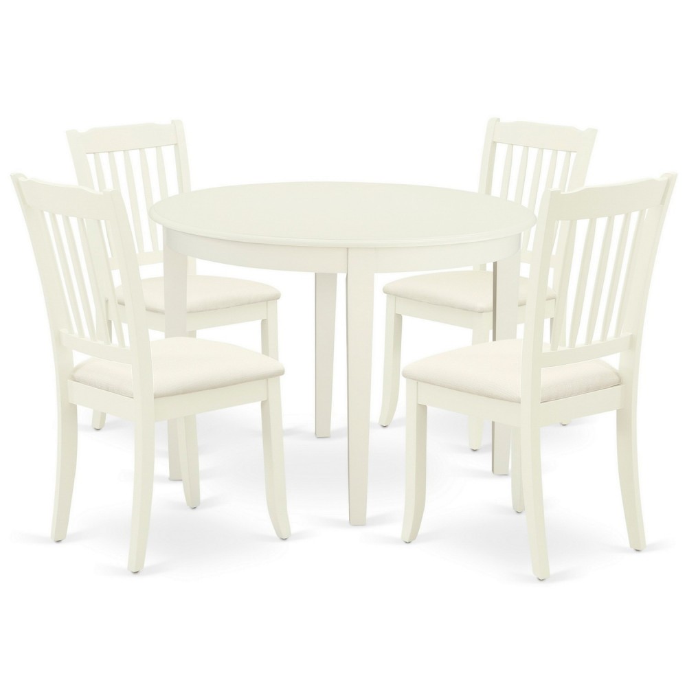 5Pc Dining Set, Round Dinette Table, Four Vertical Slatted Linen Seat Chairs, White Finish