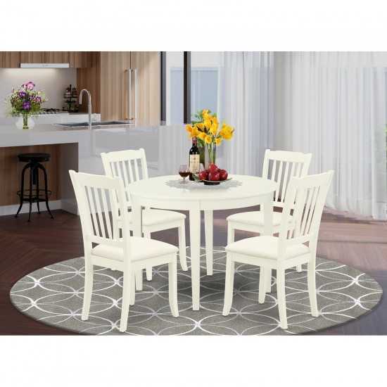 5Pc Dining Set, Round Dinette Table, Four Vertical Slatted Linen Seat Chairs, White Finish