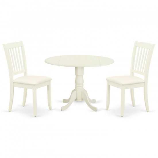 3Pc Dinette Set, Rounded Kitchen Table, Drop Leaves, Two Vertical Slatted Linen Seat Dining Chairs, White Finish