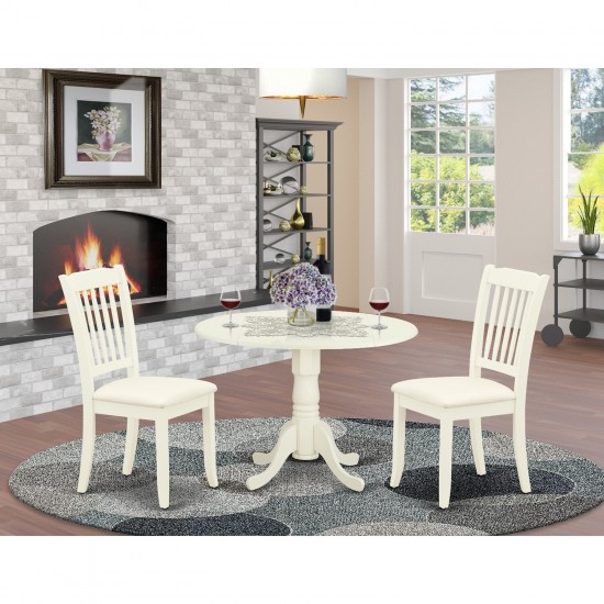 3Pc Dinette Set, Rounded Kitchen Table, Drop Leaves, Two Vertical Slatted Linen Seat Dining Chairs, White Finish