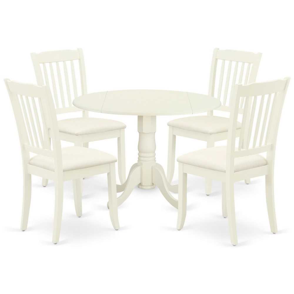 5Pc Dining Set, Round Dinette Table, Drop Leaves, Four Vertical Slatted Linen Seat Chairs, White Finish