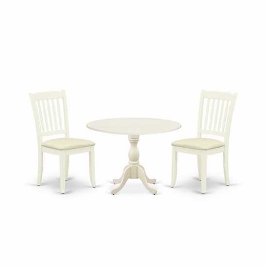 3 Pc Dining Set, 1 Drop Leaves Table, 2 Linen White Chairs, Slatted Back, Linen White Finish