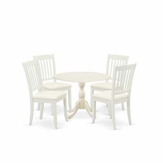 5 Pc Dining Set, 1 Drop Leaves Dining Table, 4 Linen White Kitchen Chairs, Linen White Finish