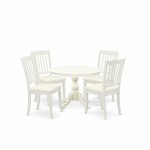 5 Pc Kitchen Set, Linen White Round Dining Table, 4 Linen White Dining Chairs, Slatted Back, Linen White Finish