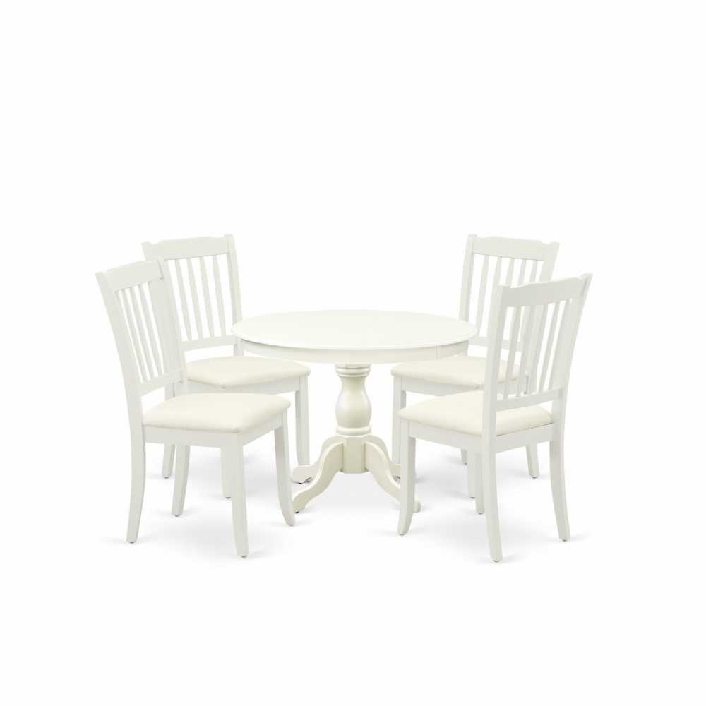 5 Pc Kitchen Set, Linen White Round Dining Table, 4 Linen White Dining Chairs, Slatted Back, Linen White Finish