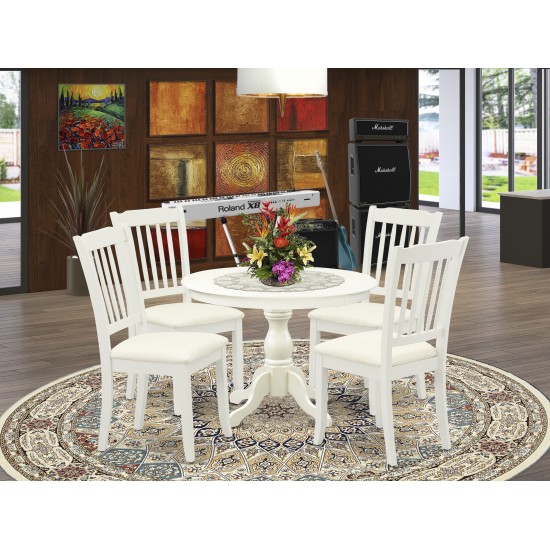 5 Pc Kitchen Set, Linen White Round Dining Table, 4 Linen White Dining Chairs, Slatted Back, Linen White Finish