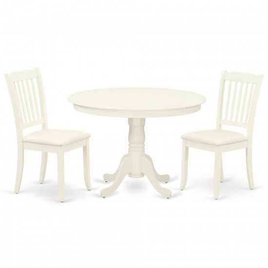 3Pc Dinette Set, Rounded Kitchen Table, Two Vertical Slatted Linen Seat Dining Chairs, Linen White Finish