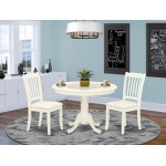3Pc Dinette Set, Rounded Kitchen Table, Two Vertical Slatted Linen Seat Dining Chairs, Linen White Finish
