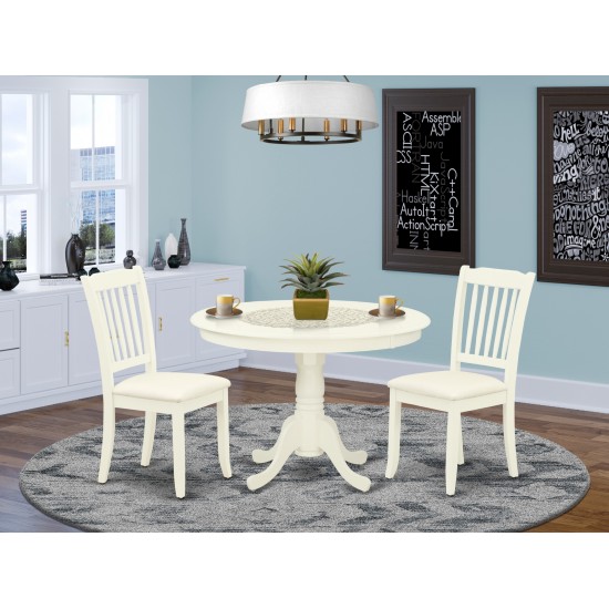 3Pc Dinette Set, Rounded Kitchen Table, Two Vertical Slatted Linen Seat Dining Chairs, Linen White Finish