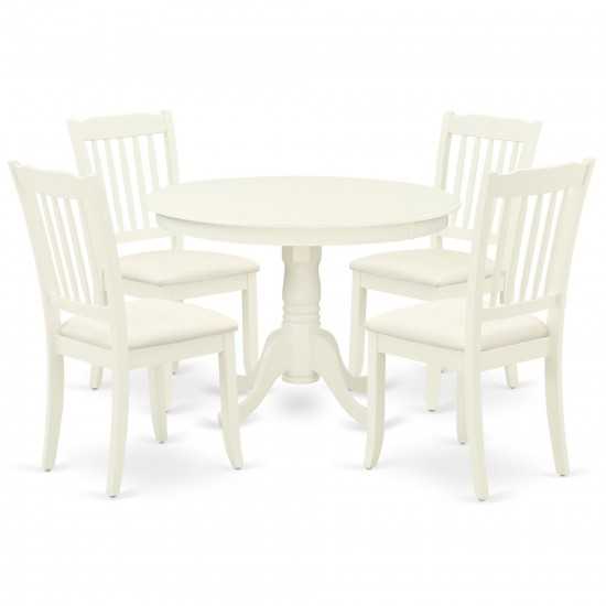 5Pc Dining Set, Round Dinette Table, Four Vertical Slatted Linen Seat Chairs, Linen White Finish