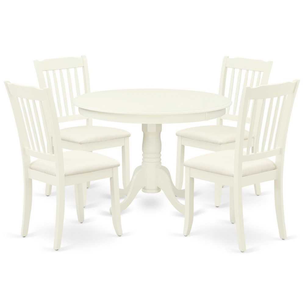 5Pc Dining Set, Round Dinette Table, Four Vertical Slatted Linen Seat Chairs, Linen White Finish 5Pc Dining Set, Round Dinette Table, Four Vertical Slatted Linen Seat Chairs, Linen White Finish