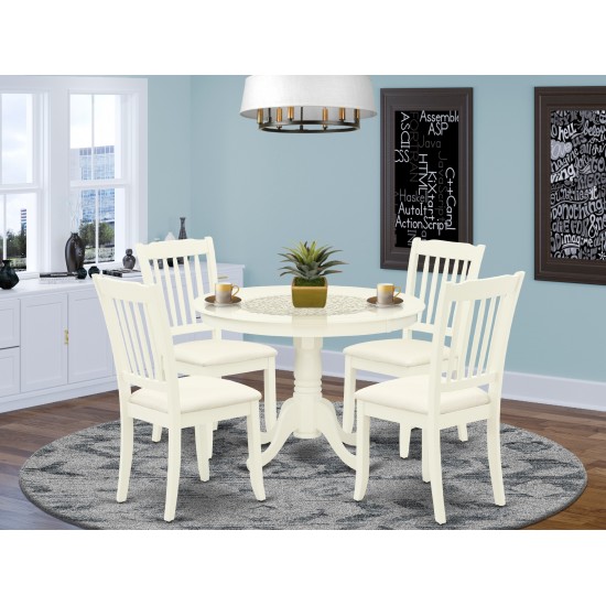 5Pc Dining Set, Round Dinette Table, Four Vertical Slatted Linen Seat Chairs, Linen White Finish