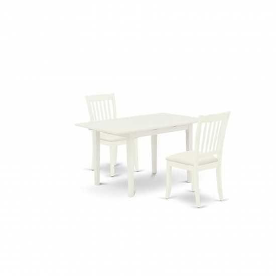 3Pc Dinette Set 2 Dining Chairs, Butterfly Leaf Table, Linen White