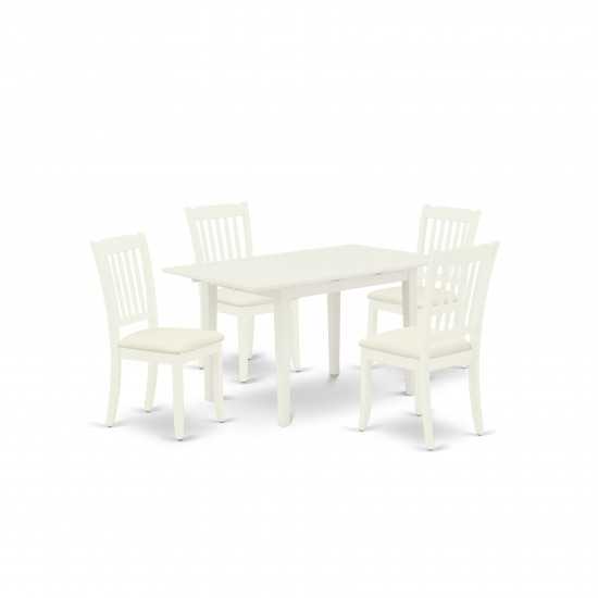 5Pc Dining Set 4 Upholstered Chairs, Butterfly Leaf Wood Table, Linen White