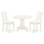 3Pc Dinette Set, Round Dining Table, Two Vertical Slatted Linen Seat Dining Chairs, White Finish