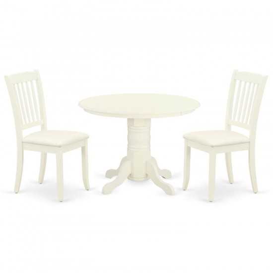 3Pc Dinette Set, Round Dining Table, Two Vertical Slatted Linen Seat Dining Chairs, White Finish