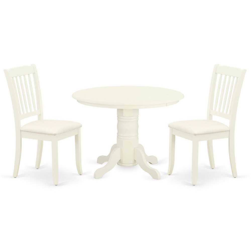 3Pc Dinette Set, Round Dining Table, Two Vertical Slatted Linen Seat Dining Chairs, White Finish