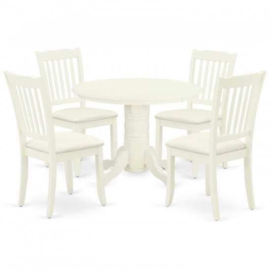 5Pc Dining Set, Round Table, Four Vertical Slatted Linen Seat Chairs, White Finish