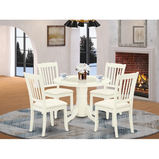 5Pc Dining Set, Round Table, Four Vertical Slatted Linen Seat Chairs, White Finish