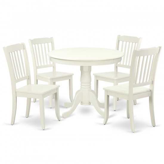 Anda5-Lwh-W 5Pc Round 36 Inch Table And 4 Vertical Slatted Chairs