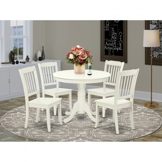 Anda5-Lwh-W 5Pc Round 36 Inch Table And 4 Vertical Slatted Chairs