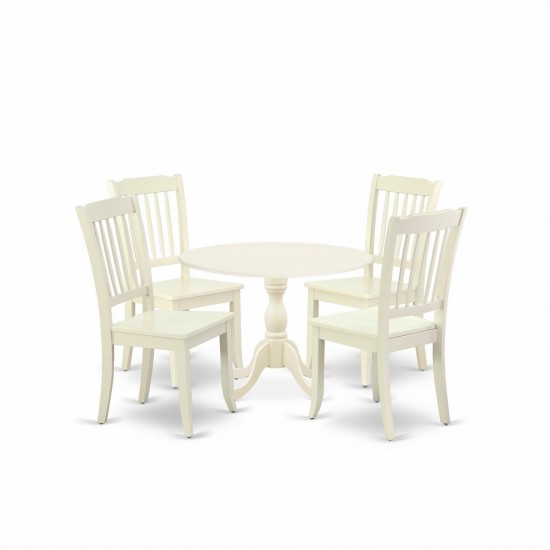 5 Pc Dining Set, 1 Drop Leaves Table, 4 Linen White Chairs, Slatted Back, Linen White Finish