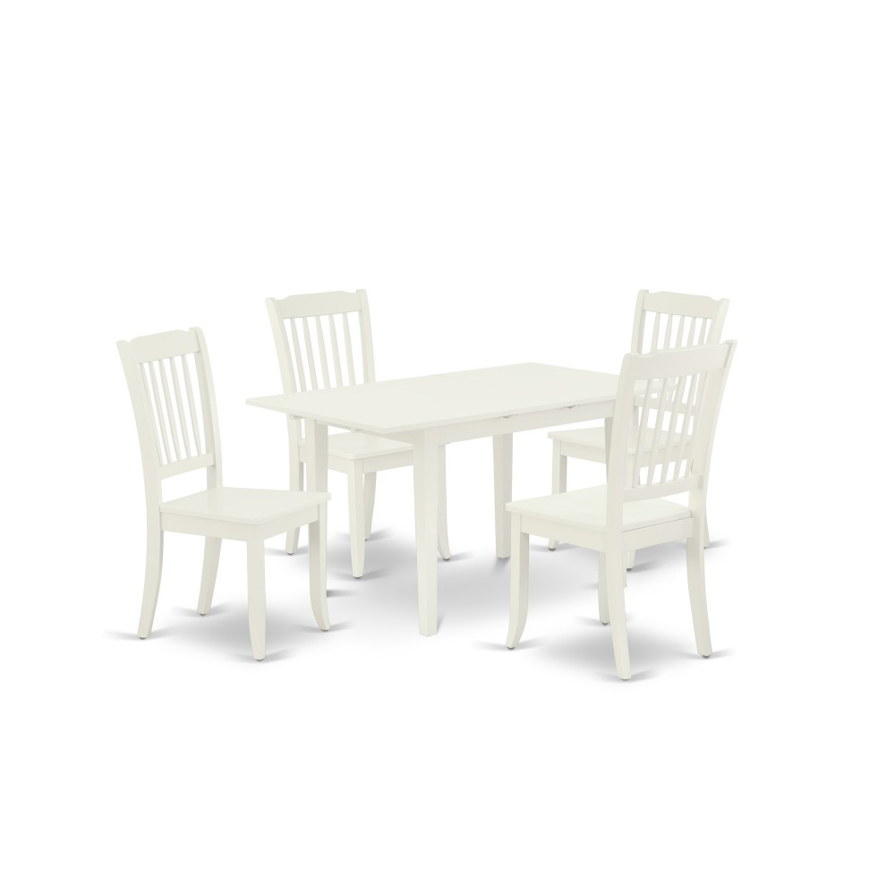 5Pc Dining Set 4 Wood Chairs, Small Butterfly Leaf Dining Table, Linen White