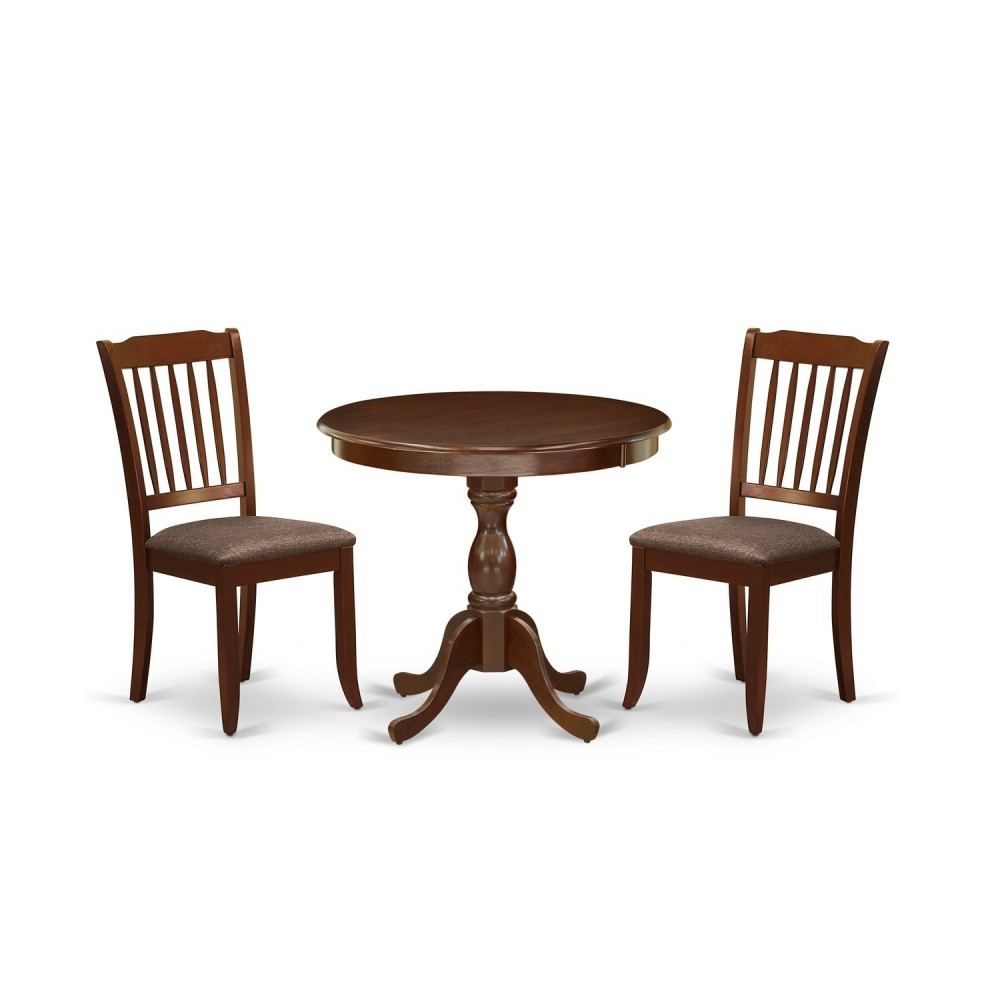 3 Pc Dining Set, 1 Round Pedestal Table, 2 Mahogany Chair, Slatted Back, Mahogany Finish