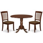 3Pc Dinette Set, Rounded Kitchen Table, Drop Leaves, Two Vertical Slatted Linen Seat Dining Chairs, Mahogany Finish