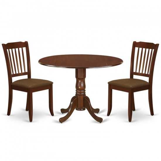 3Pc Dinette Set, Rounded Kitchen Table, Drop Leaves, Two Vertical Slatted Linen Seat Dining Chairs, Mahogany Finish