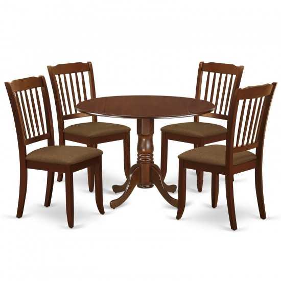 5Pc Dining Set, Round Dinette Table, Drop Leaves, Four Vertical Slatted Linen Seat Chairs, Mahogany Finish