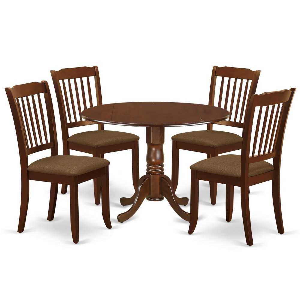 5Pc Dining Set, Round Dinette Table, Drop Leaves, Four Vertical Slatted Linen Seat Chairs, Mahogany Finish