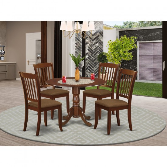 5Pc Dining Set, Round Dinette Table, Drop Leaves, Four Vertical Slatted Linen Seat Chairs, Mahogany Finish