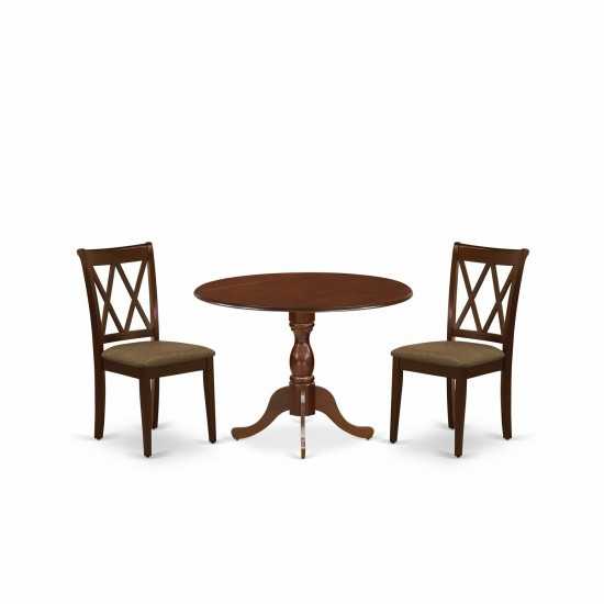 3 Pc Dining Set, 1 Drop Leaves Table, 2 Mahogany Chairs, Slatted Back, Mahogany Finish