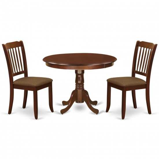 3Pc Dinette Set, Rounded Kitchen Table, Two Vertical Slatted Linen Seat Dining Chairs, Mahogany Finish