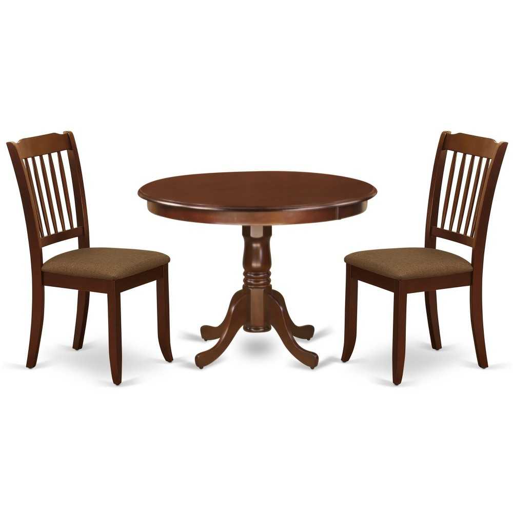 3Pc Dinette Set, Rounded Kitchen Table, Two Vertical Slatted Linen Seat Dining Chairs, Mahogany Finish