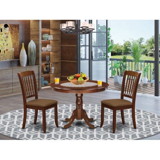 3Pc Dinette Set, Rounded Kitchen Table, Two Vertical Slatted Linen Seat Dining Chairs, Mahogany Finish