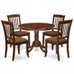 5Pc Dining Set, Round Dinette Table, Four Vertical Slatted Linen Seat Chairs, Mahogany Finish