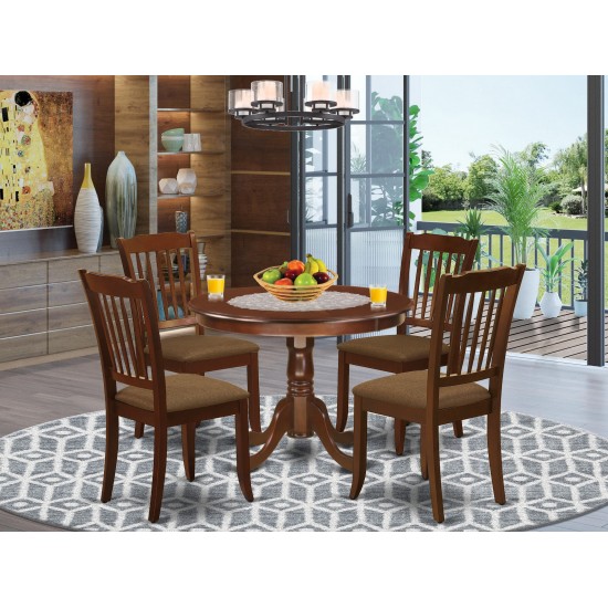 5Pc Dining Set, Round Dinette Table, Four Vertical Slatted Linen Seat Chairs, Mahogany Finish