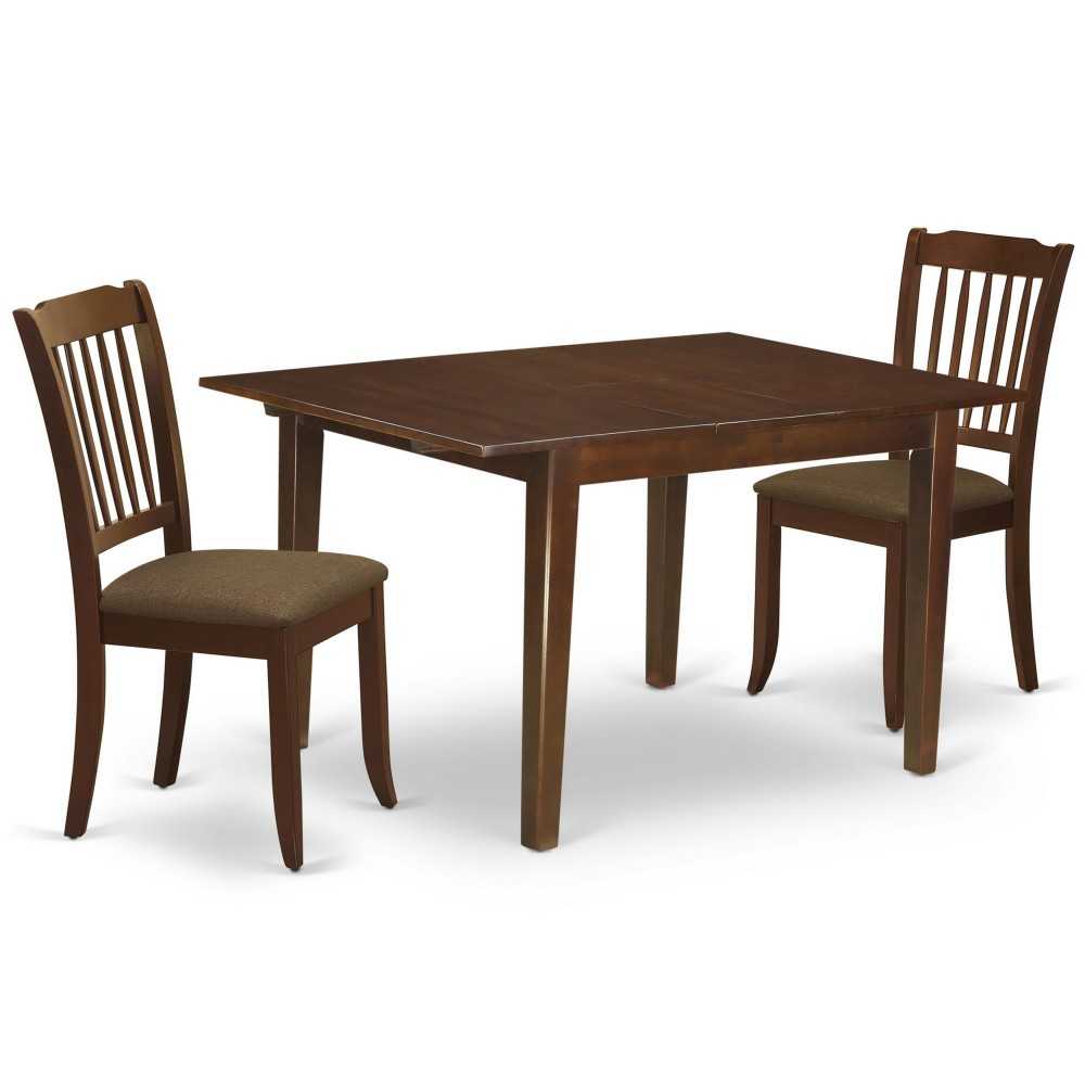 3Pc Dinette Set, Kitchen Table, Butterfly Leaf, Two Vertical Slatted Linen Seat Dining Chairs, Mahogany Finish