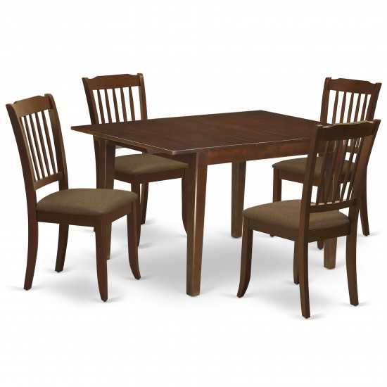 5Pc Dining Set, Rectangle Dinette Table, Butterfly Leaf, Four Vertical Slatted Linen Seat Chairs, Mahogany Finish