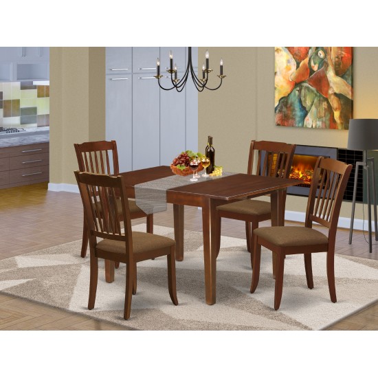 5Pc Dining Set, Rectangle Dinette Table, Butterfly Leaf, Four Vertical Slatted Linen Seat Chairs, Mahogany Finish