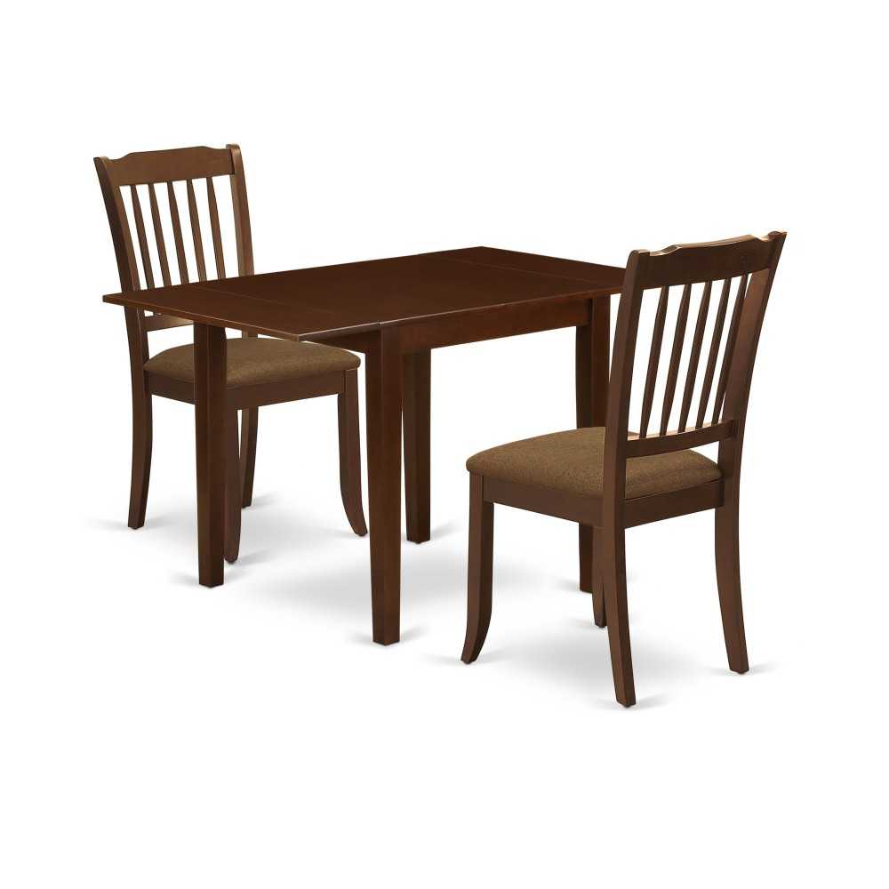 Dining Set For 3- Two Wood Chairs, Fabulous Table, Mahogany Color Linen, Mahogany Finish Hardwood Frame