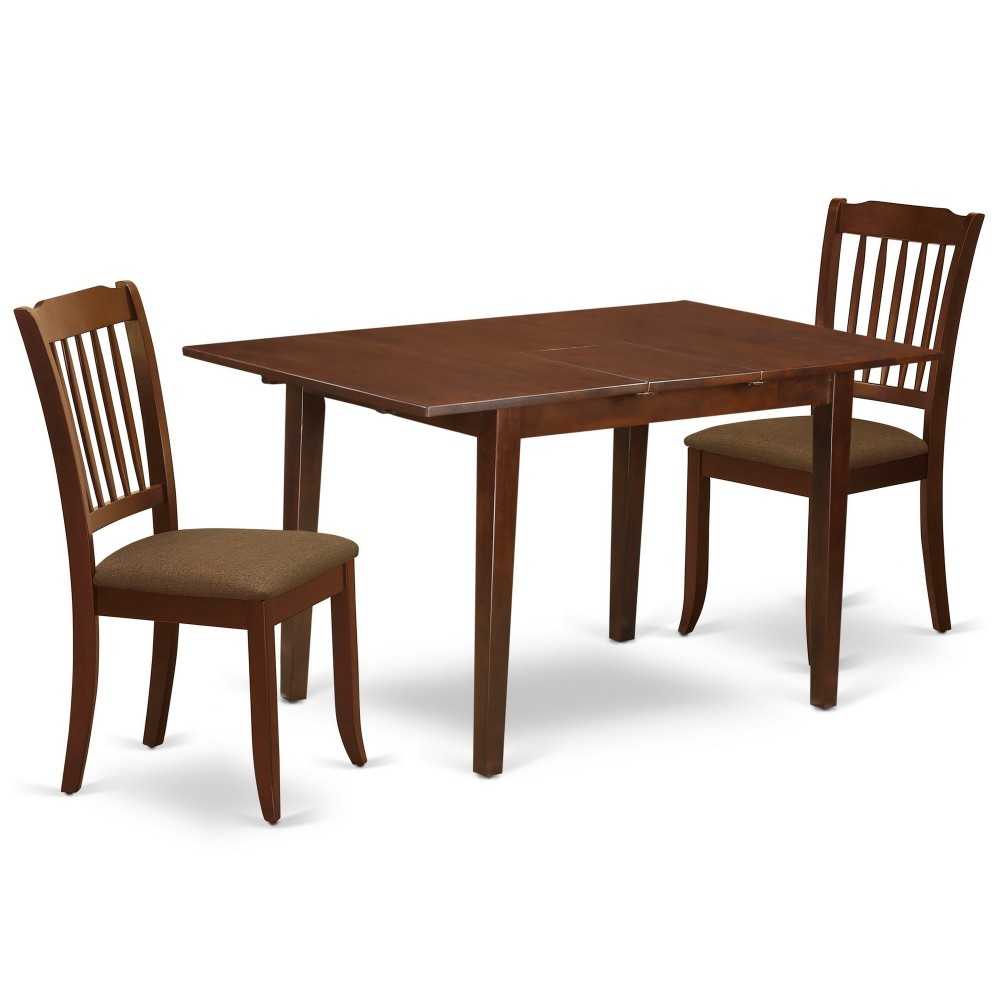 3Pc Dinette Set, Kitchen Table, Butterfly Leaf, Two Vertical Slatted Linen Seat Dining Chairs, Mahogany Finish