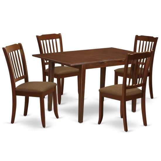 5Pc Dining Set, Rectangle Dinette Table, Butterfly Leaf, Four Vertical Slatted Linen Seat Chairs, Mahogany Finish