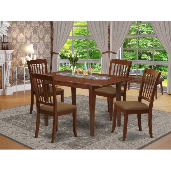 5Pc Dining Set, Rectangle Dinette Table, Butterfly Leaf, Four Vertical Slatted Linen Seat Chairs, Mahogany Finish