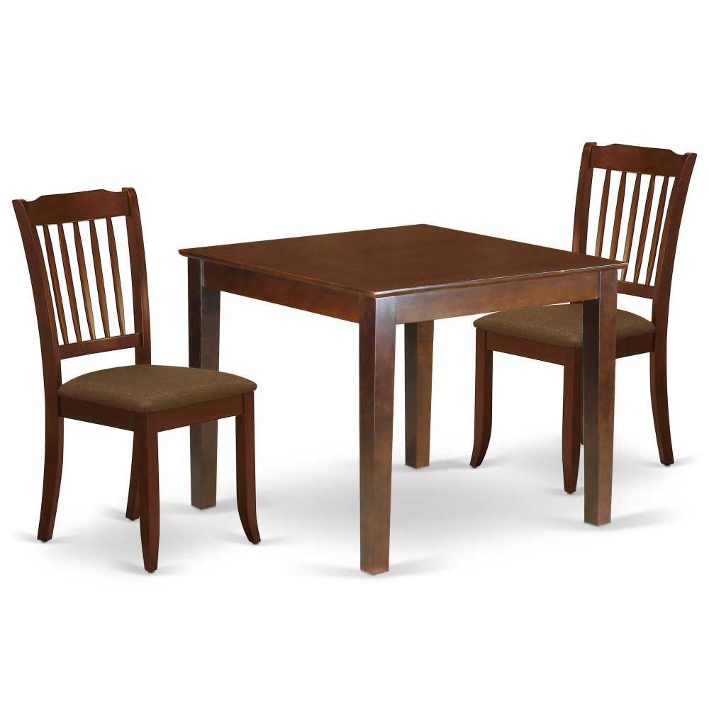 3Pc Dinette Set, Square Kitchen Table, Two Vertical Slatted Linen Seat Dining Chairs, Mahogany Finish