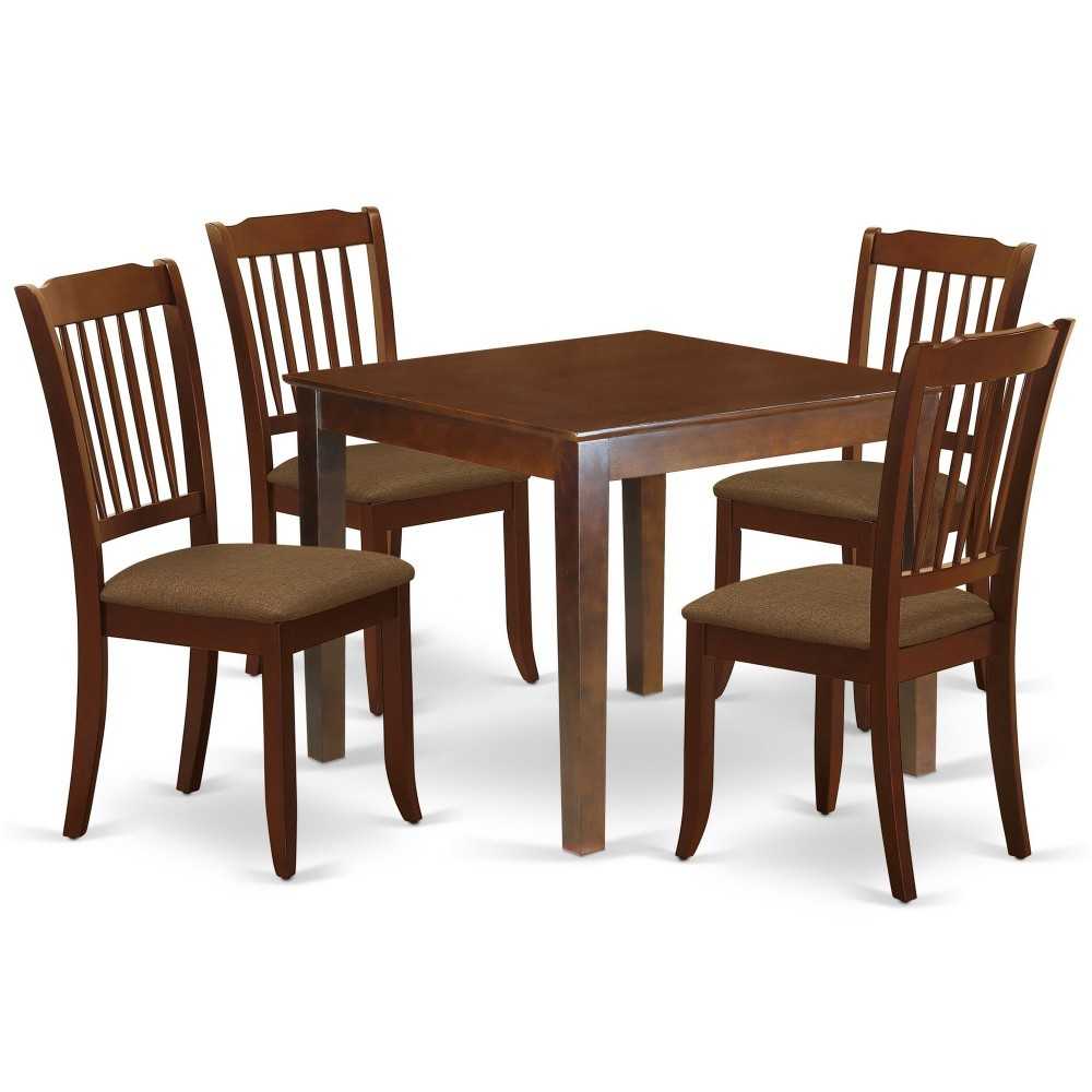 5Pc Dining Set, Square Dinette Table, Four Vertical Slatted Linen Seat Chairs, Linen White Finish, Mahogany