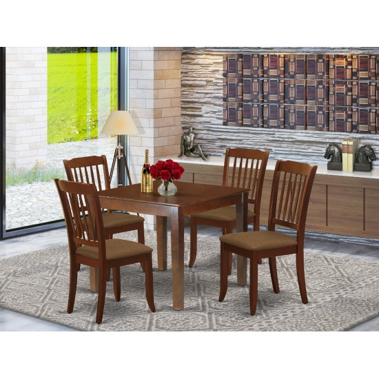 5Pc Dining Set, Square Dinette Table, Four Vertical Slatted Linen Seat Chairs, Linen White Finish, Mahogany